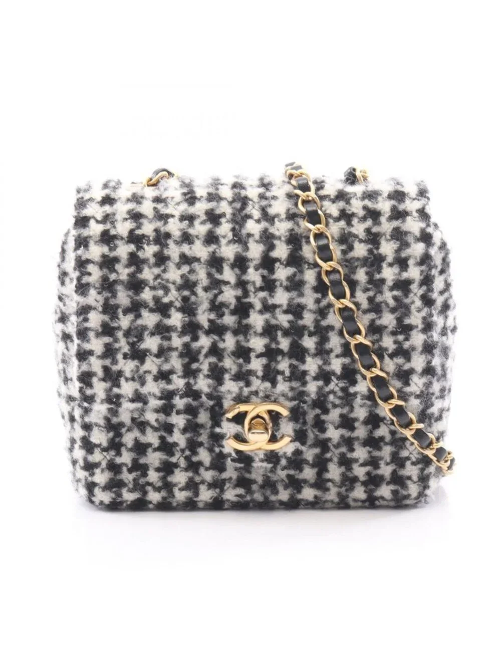 Chanel Shoulder Bag Quilted Houndstooth Black White Fabric Mini Chain